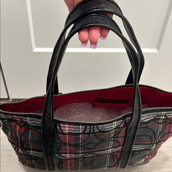 Coach (EUC) Poppy Black and Red Plaid Tote with Black Sequin Trimming & Handles - Picture 14 of 15